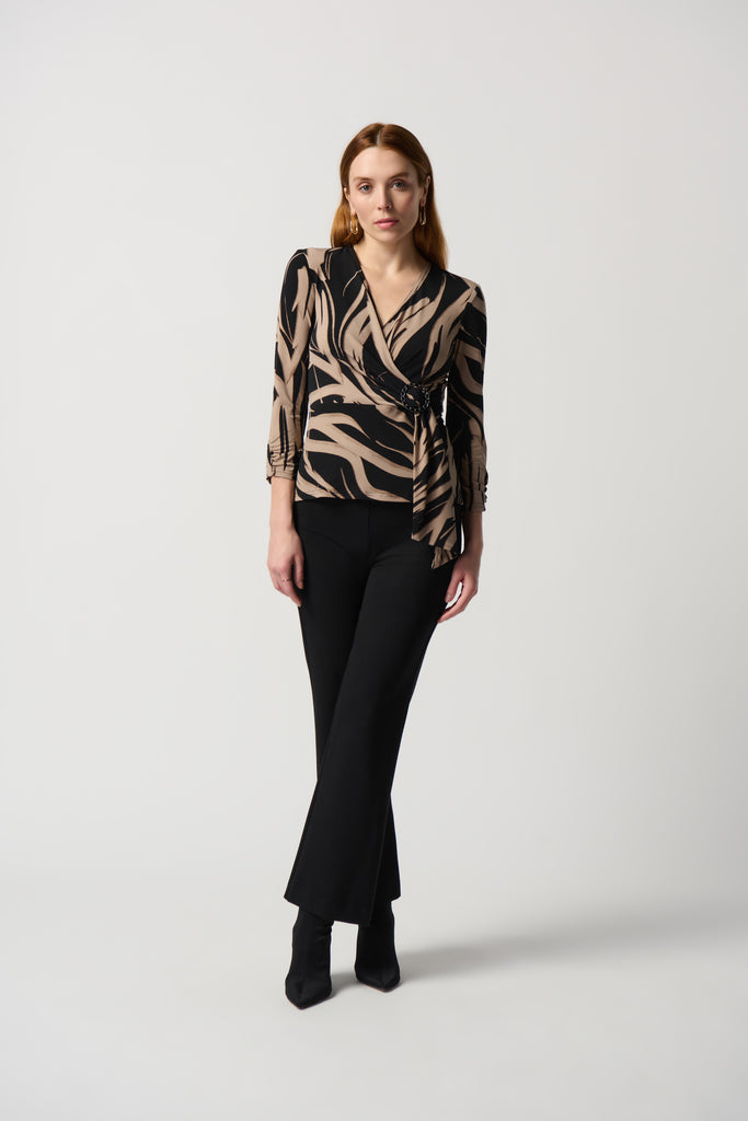 Abstract Print Silky Knit Top With Side Buckle