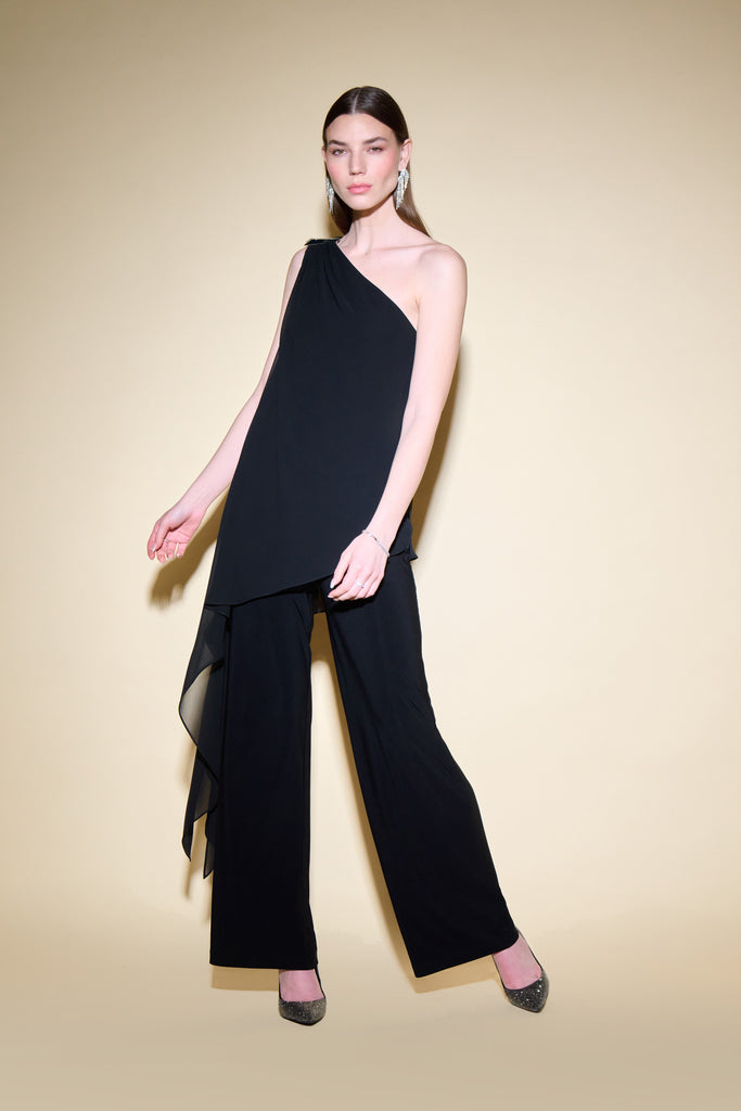 Silky Knit And Chiffon One Shoulder Jumpsuit With Cape