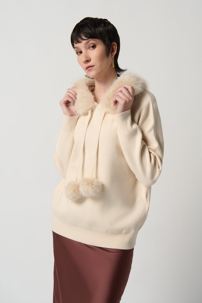 Sweater With Faux Fur Hood And Pompom
