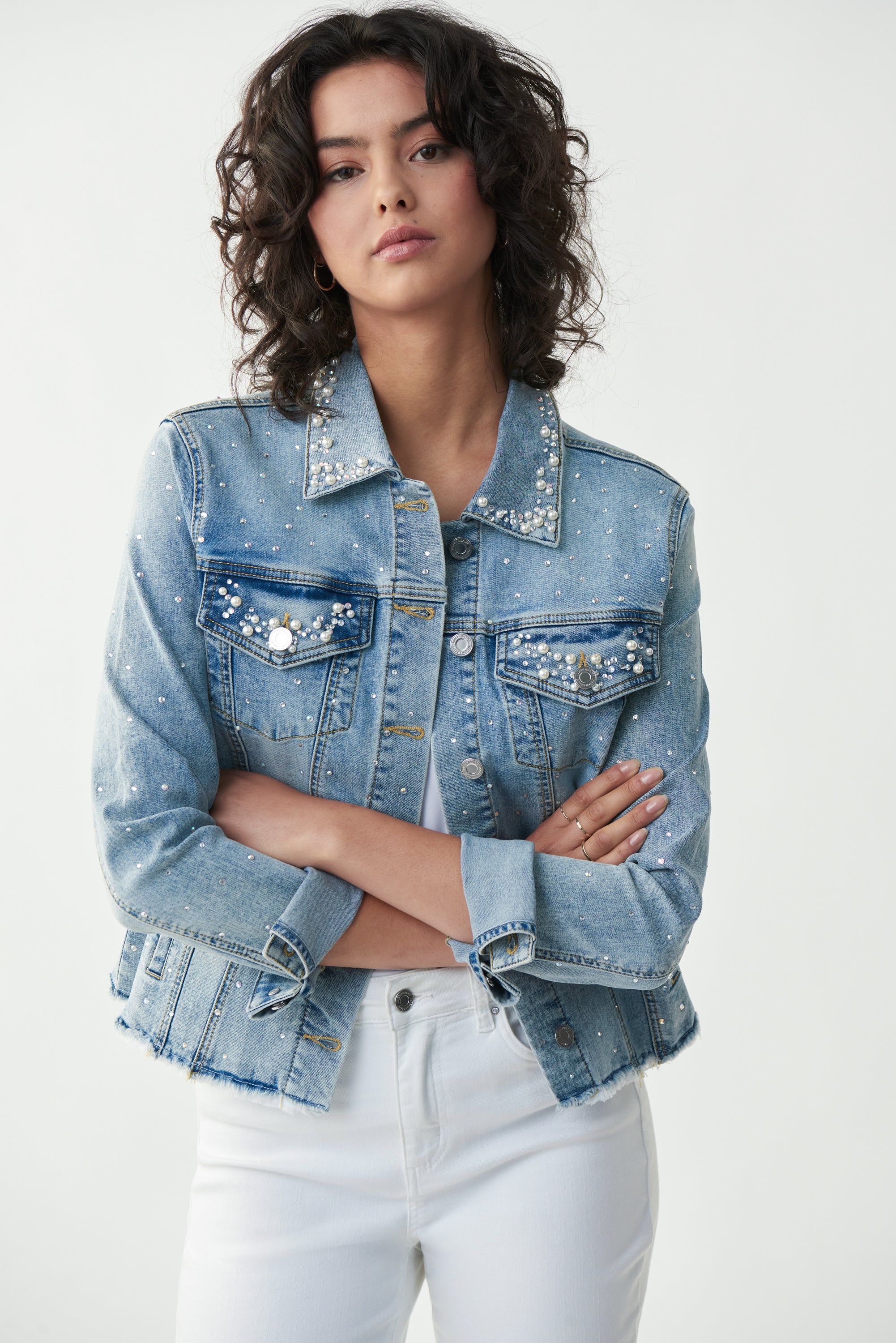 Crystal + Pearl Embellished Jean Jacket | Popi's Place