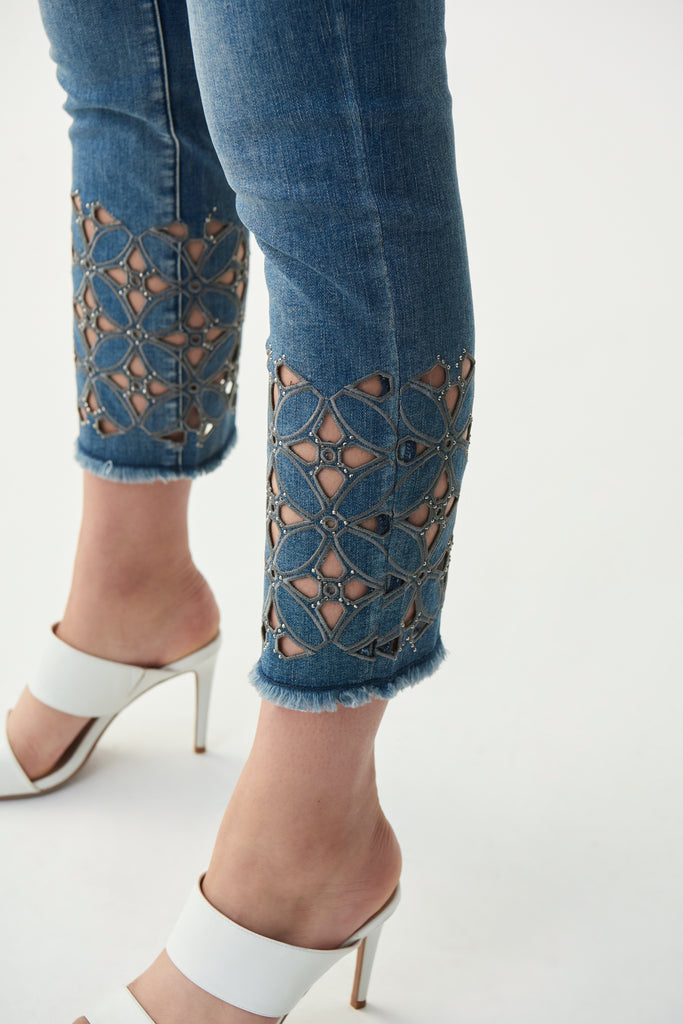 Embellished Cut Out Jean w/ Frayed Edges