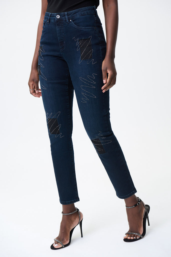 Cropped Jeans With Rhinestone Embellished Patches