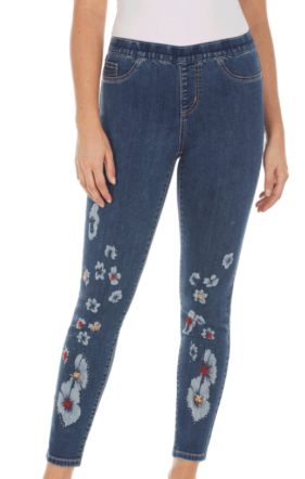 Pull-On Ankle Jean w/ Painted Cascading Flowers