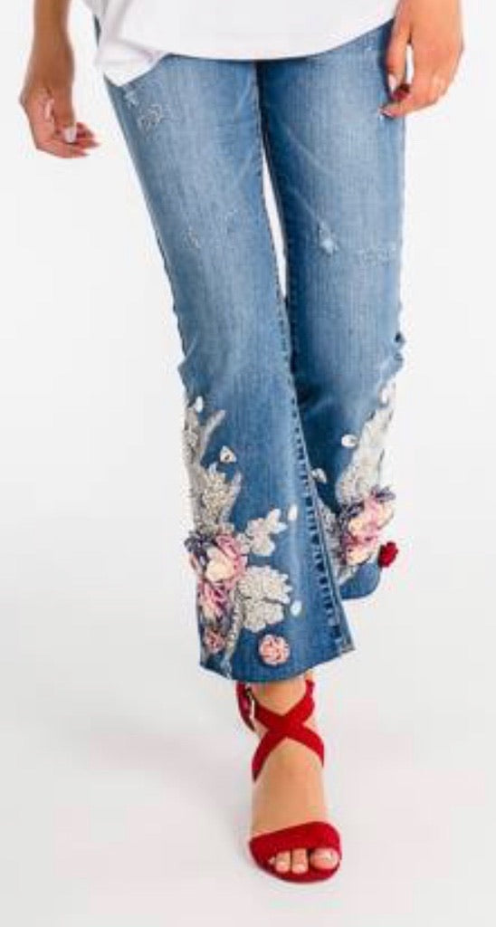 Floral Embellished Wide Crop Jean with Pearl/Jewel Accents