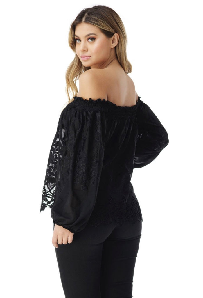 Embroidered fabric off the shoulder top