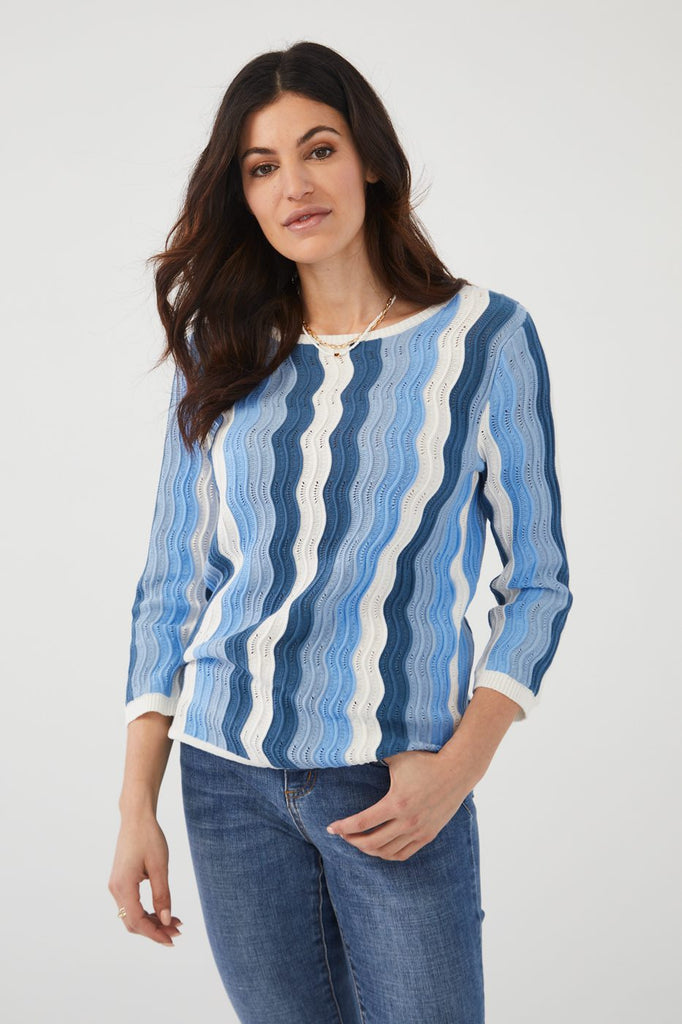 3/4 Sleeve Wave Pointelle Sweater
