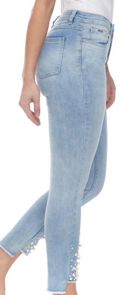 High-low frayed pearl accent jean.