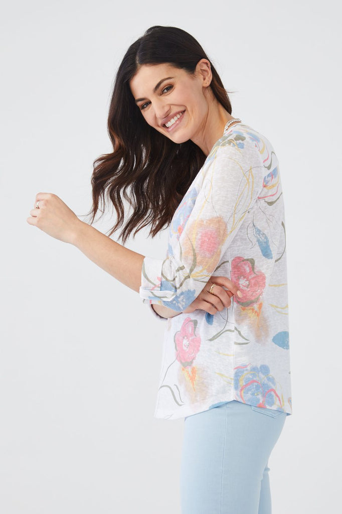 Floral Tab Up 3/4 Sleeve Blouse