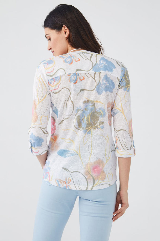 Floral Tab Up 3/4 Sleeve Blouse