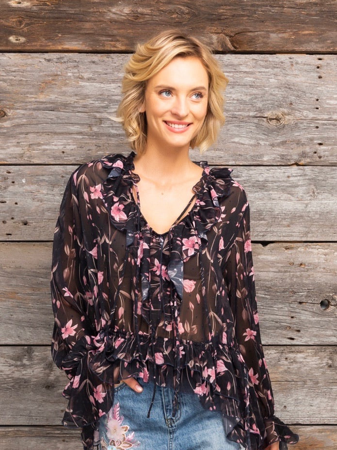 Cascading Floral Georgette Ruffle Blouse