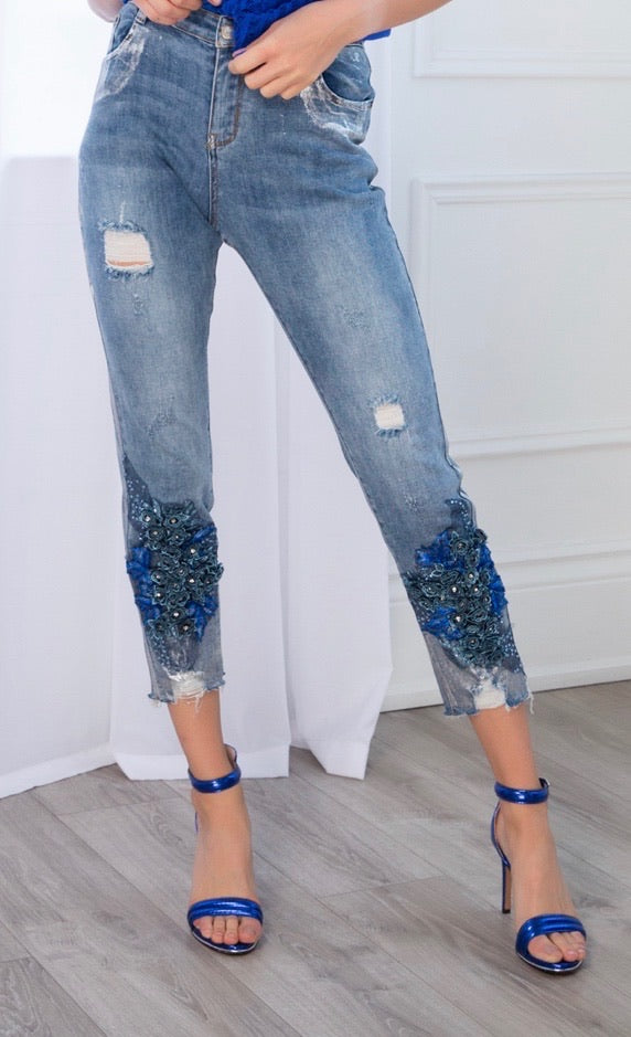 Floral Embellished Ankle Jean w/ Silver Trim